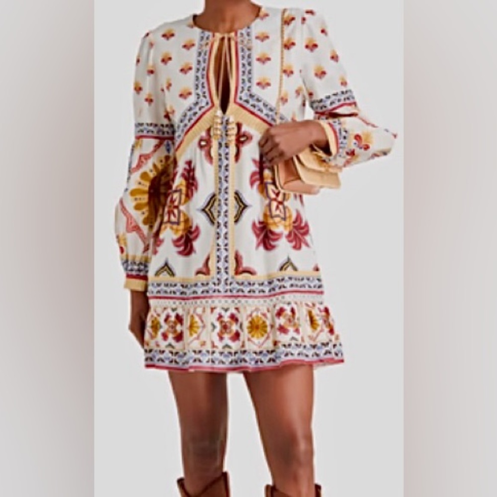 Farm Rio Off-White Bright Multi Tile Print Lightweight Long Sleeve Mini Dress: M - Picture 2 of 13